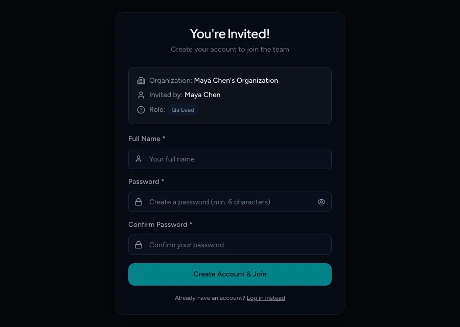 The You're Invited page showing the organization, inviter and role above a name and password form