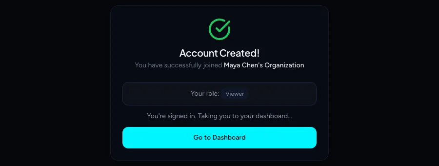 The Account Created confirmation showing the organization and the Viewer role