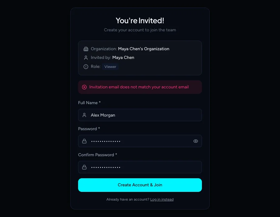 An error saying the invitation email does not match your account email