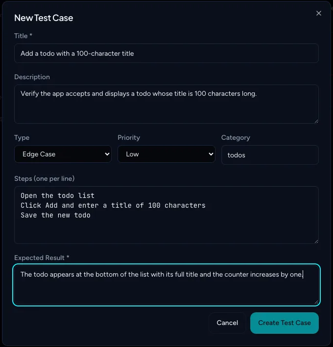 New Test Case dialog filled in with title, description, type, priority, category, steps and expected result