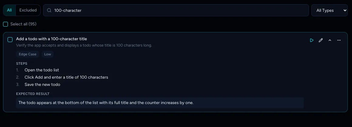 The new test case in the list, expanded to show its steps and expected result