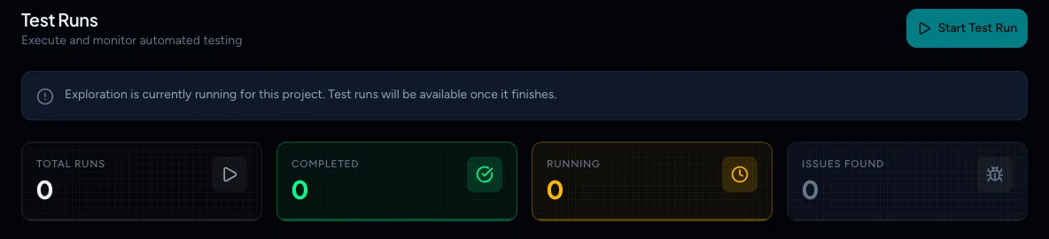 The Test runs page with the banner Exploration is currently running for this project. Test runs will be available once it finishes.