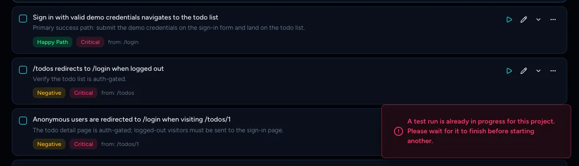 A red notification reading A test run is already in progress for this project. Please wait for it to finish before starting another.
