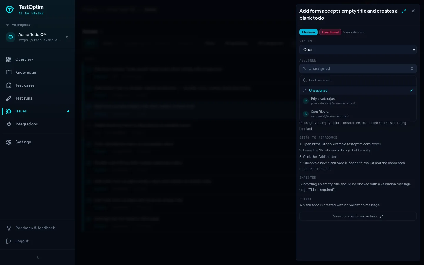 The assignee menu open with Unassigned, Priya Natarajan and Sam Rivera