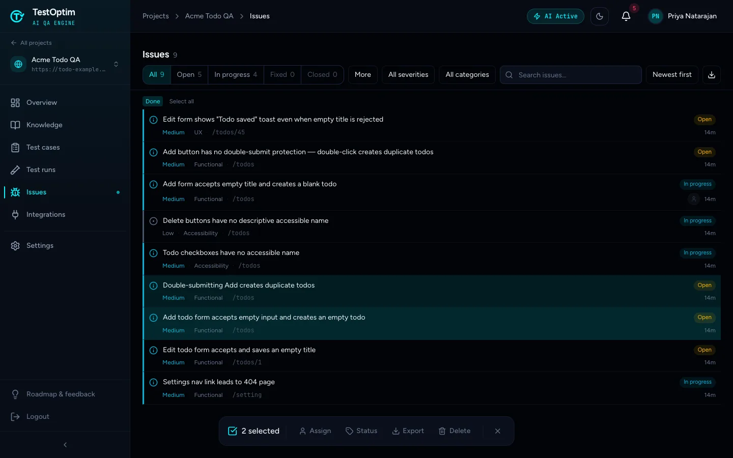 Two issues selected with the bulk actions bar at the bottom showing Assign, Status, Export and Delete