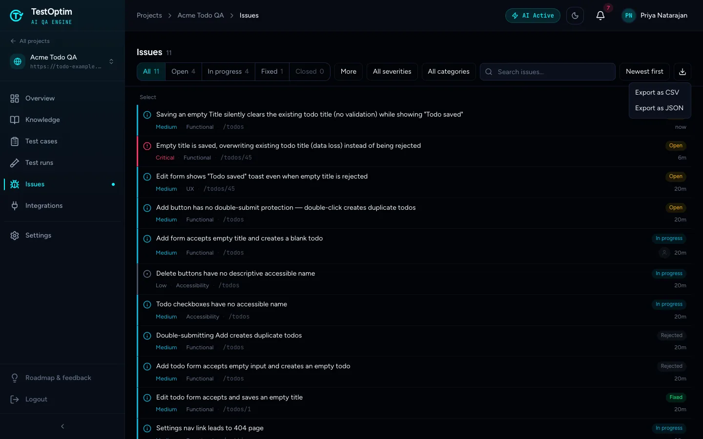 The Export issues menu with Export as CSV and Export as JSON