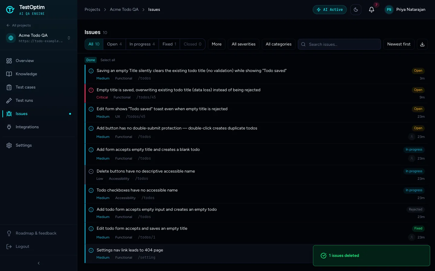 The issues list right after deleting one issue, with the toast 1 issues deleted