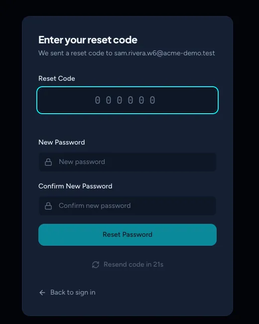The Enter your reset code form with code, new password and confirm password fields