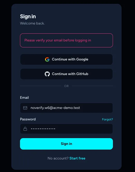 The sign-in form showing the error Please verify your email before logging in