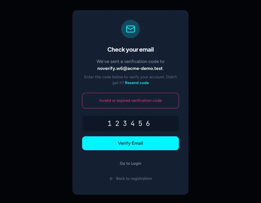 The verification page showing Invalid or expired verification code