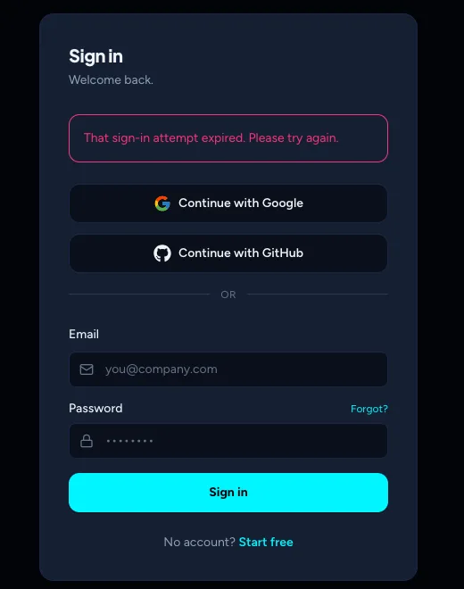 The sign-in form with the message That sign-in attempt expired. Please try again.
