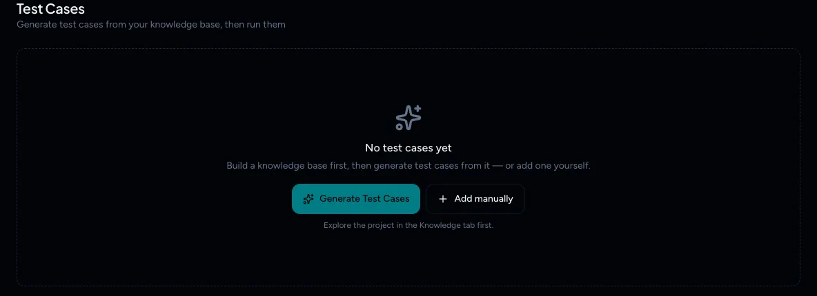 The Test cases page with a greyed-out Generate Test Cases button and the hint Explore the project in the Knowledge tab first.