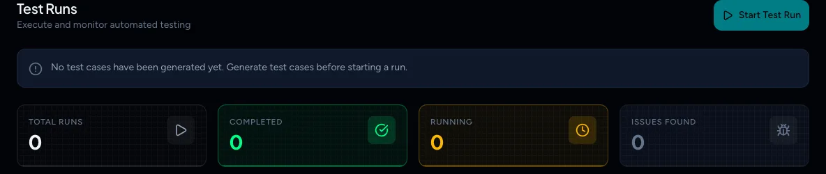 The Test runs page with a dimmed Start Test Run button and the banner No test cases have been generated yet. Generate test cases before starting a run.