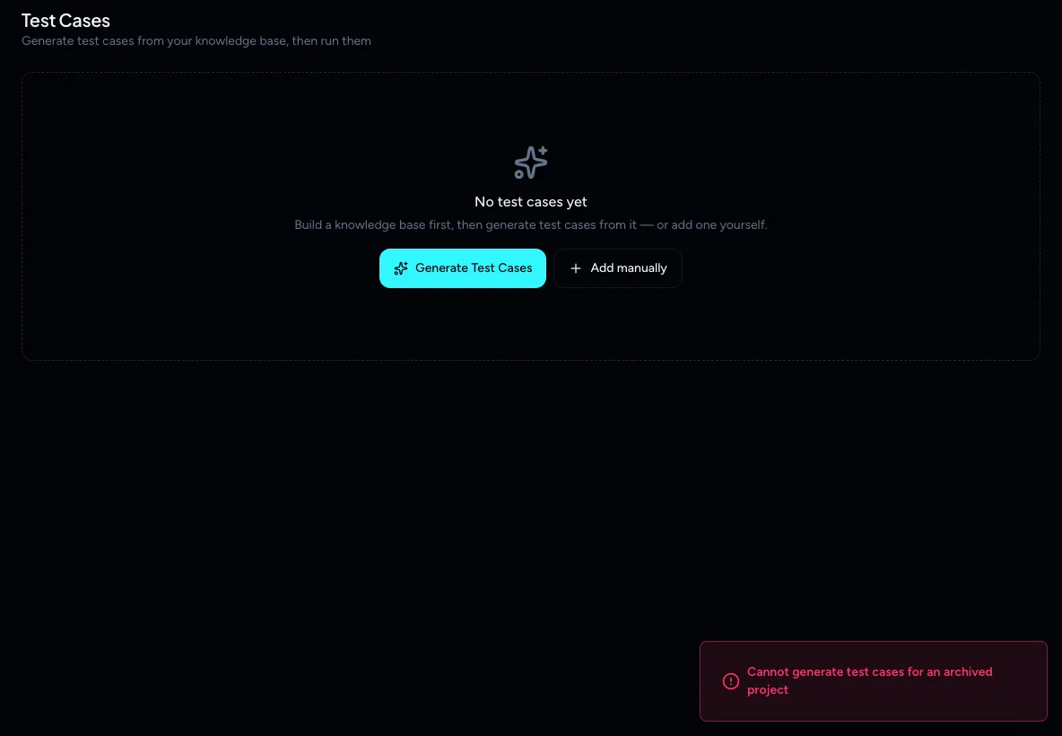 The Test cases page of an archived project with a red notification reading Cannot generate test cases for an archived project