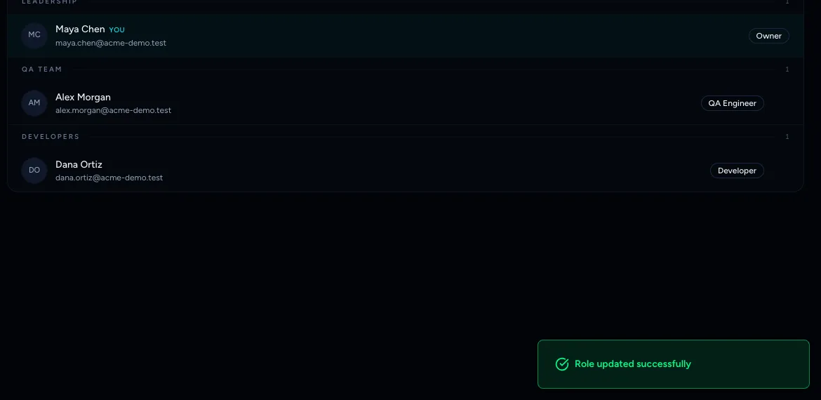 The Team page after changing Alex to QA Engineer with a success message