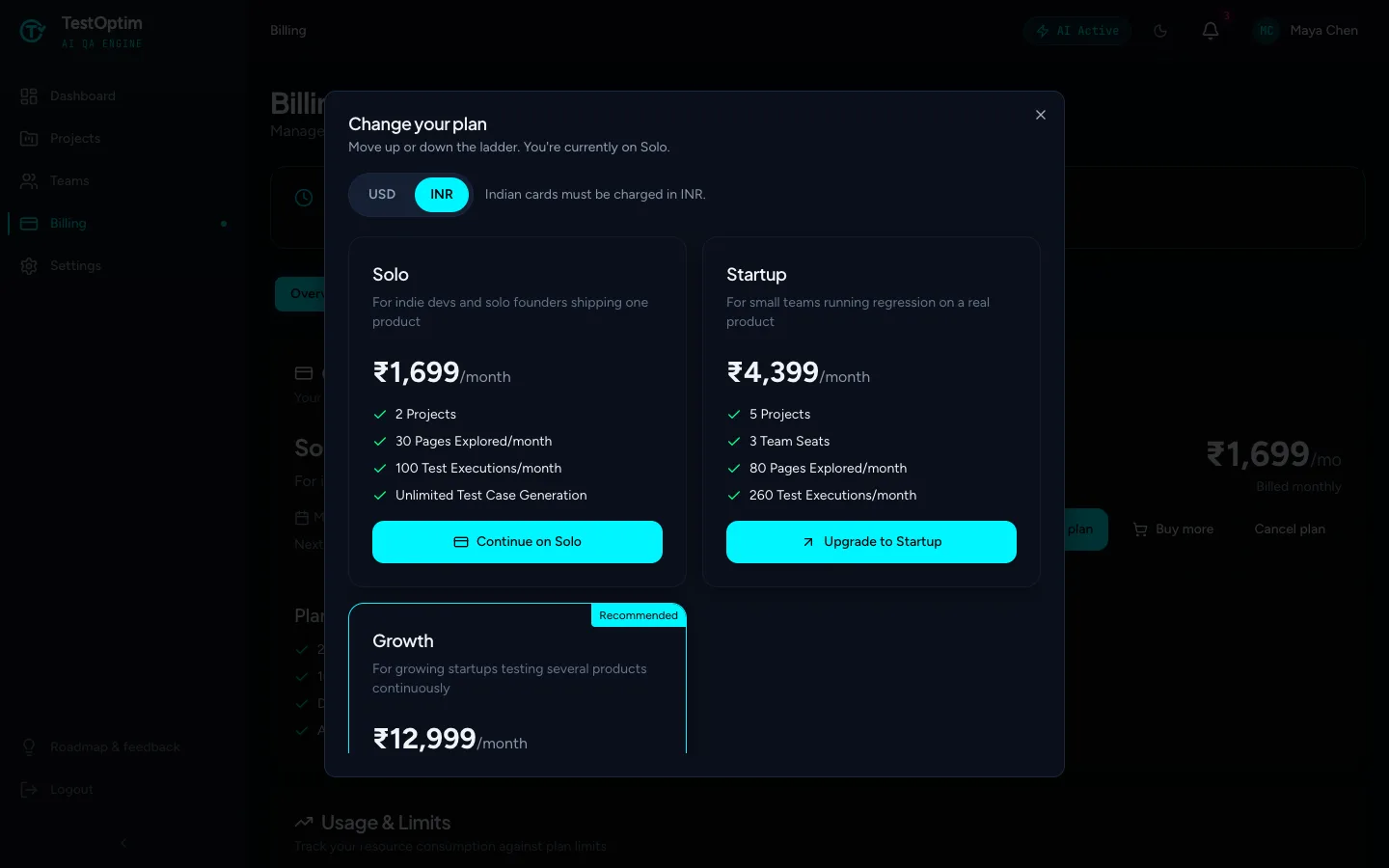 The Change your plan dialog with Solo, Startup and Growth cards and Upgrade to Startup buttons