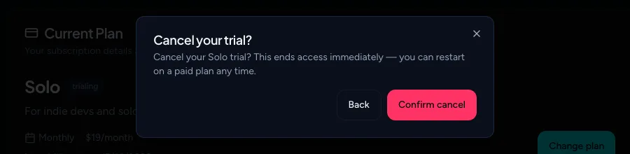The Cancel your trial dialog with Back and Confirm cancel buttons