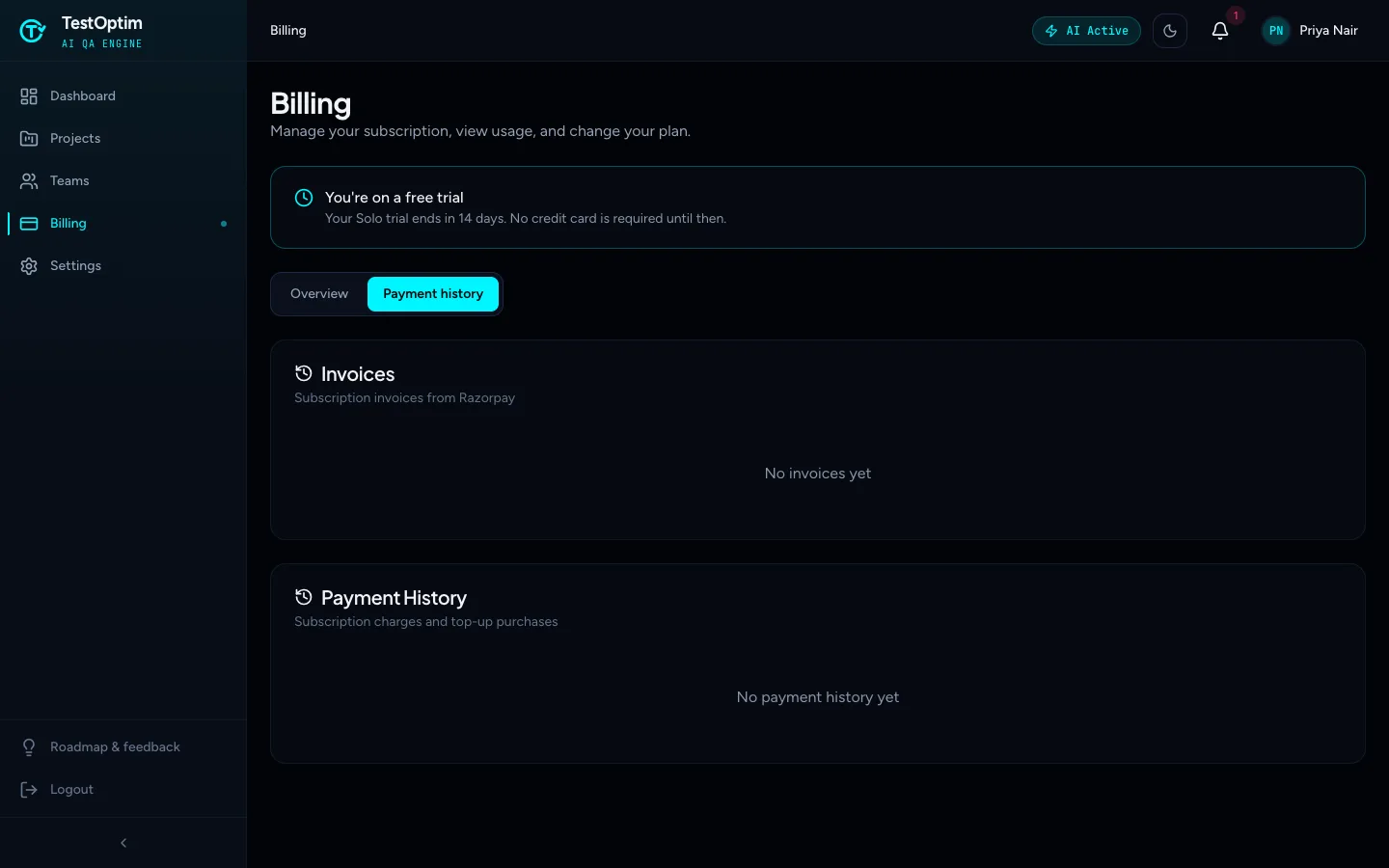 The Payment history tab showing the Invoices and Payment History sections