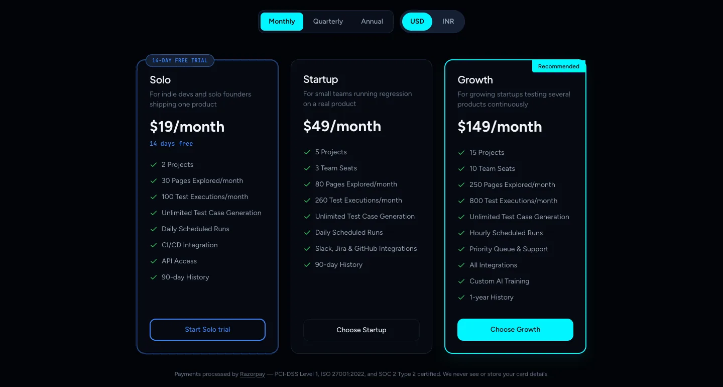 The plan picker with Solo, Startup and Growth cards, showing prices and limits