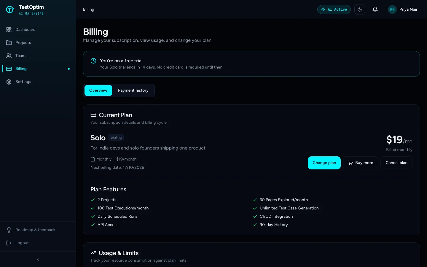 The Billing page for an account on a Solo trial, showing Current Plan and the Change plan, Buy more and Cancel plan buttons