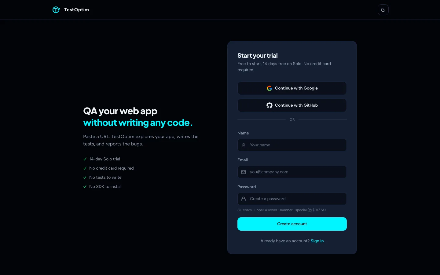 The sign-up form with Google and GitHub buttons, and name, email and password fields