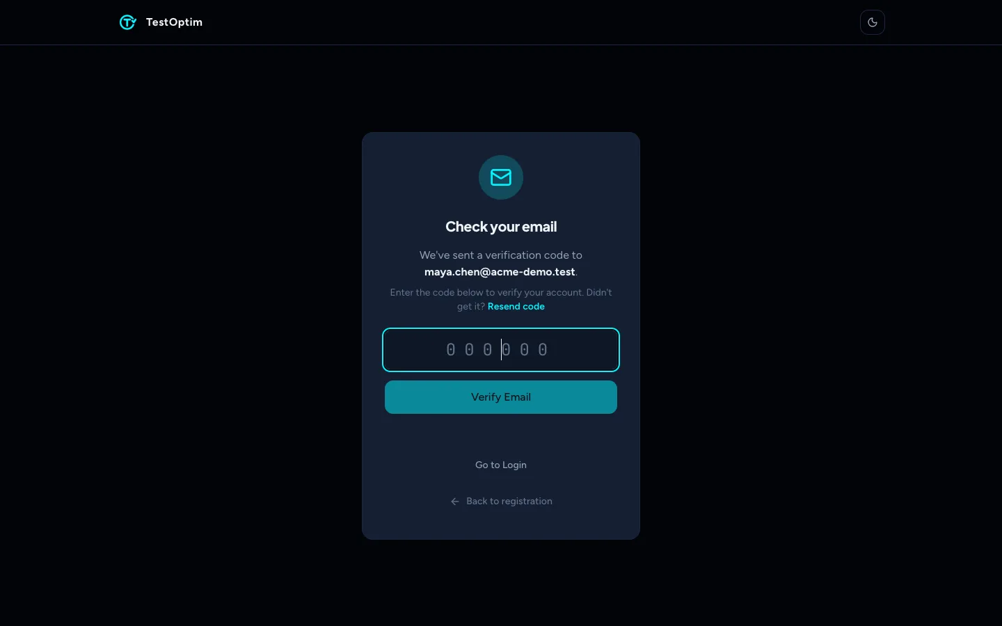 The Check your email screen with a 6-digit code field and a Resend code link