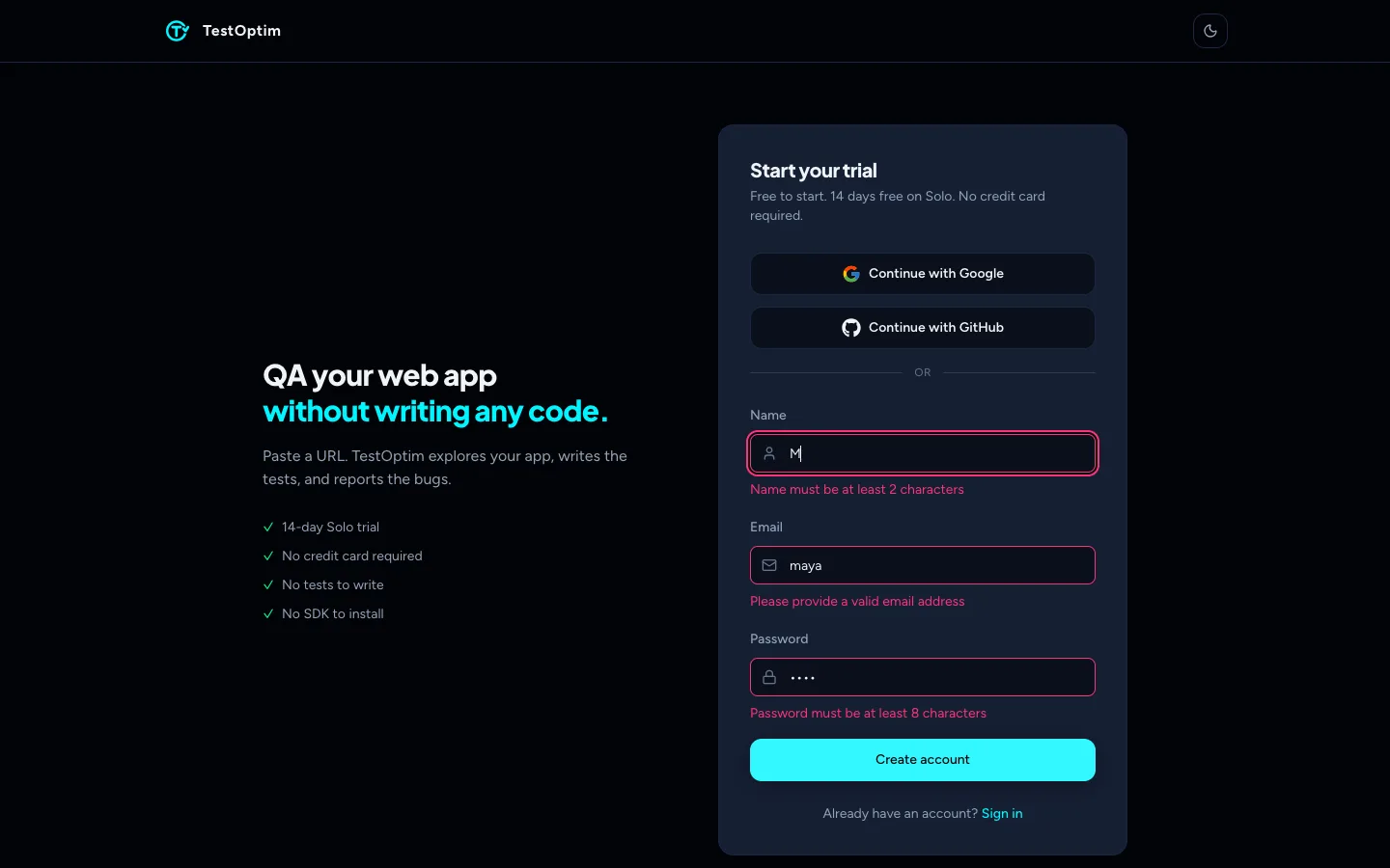 Sign-up form with errors: Name must be at least 2 characters, Please provide a valid email address, Password must be at least 8 characters
