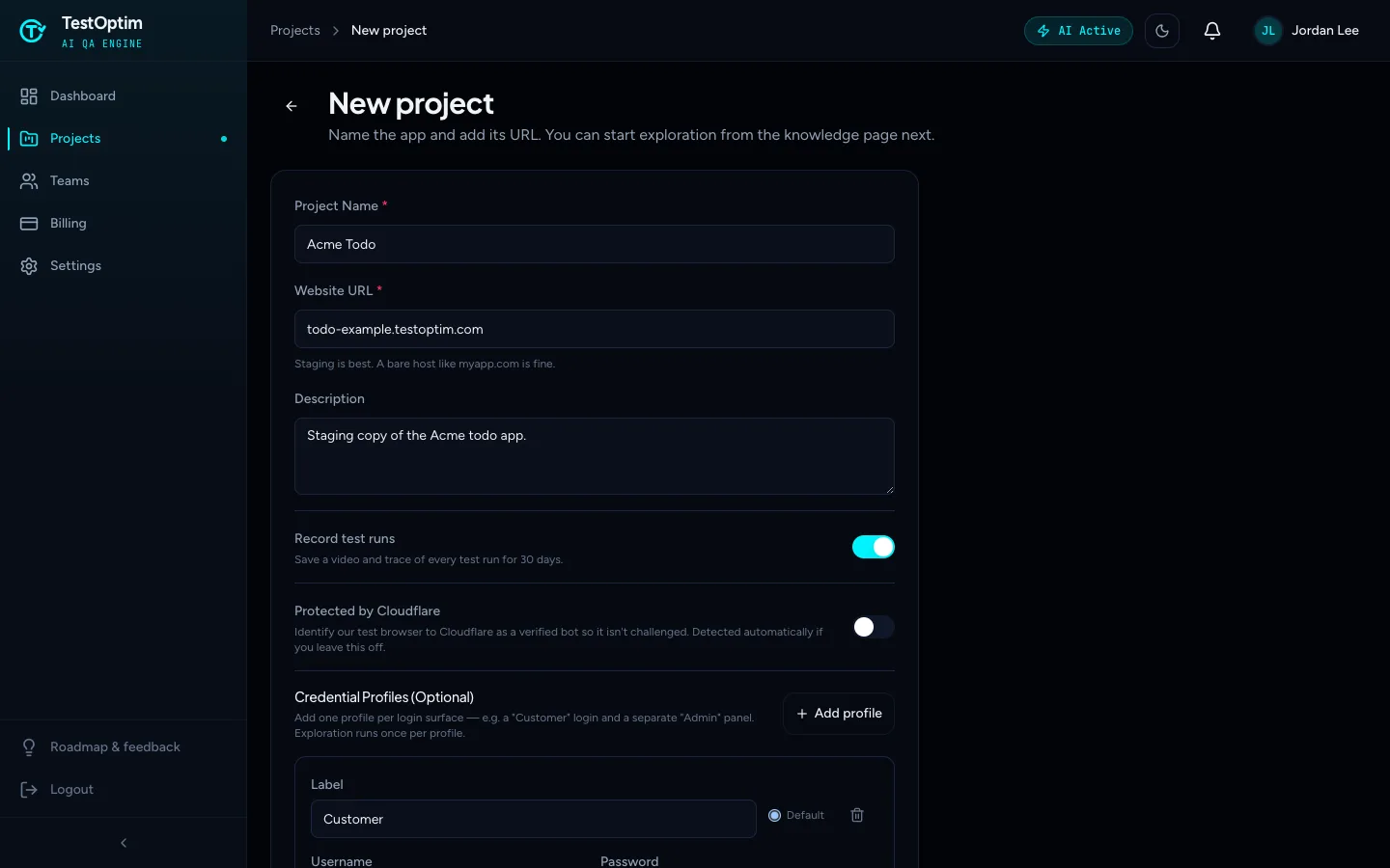 The New project form with the name, URL and description filled in, and the recording and Cloudflare toggles