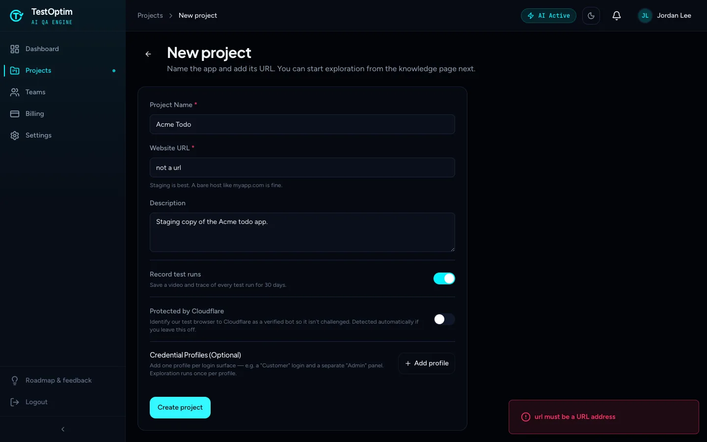 The New project form with a bad URL and an error message at the bottom right