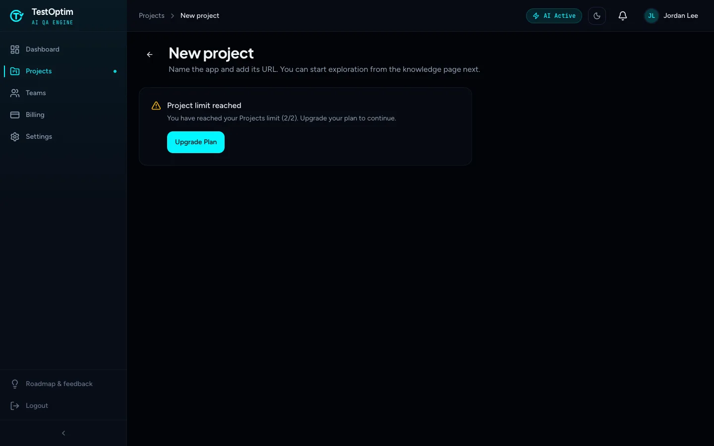 The Project limit reached card saying You have reached your Projects limit (2/2), with an Upgrade Plan button
