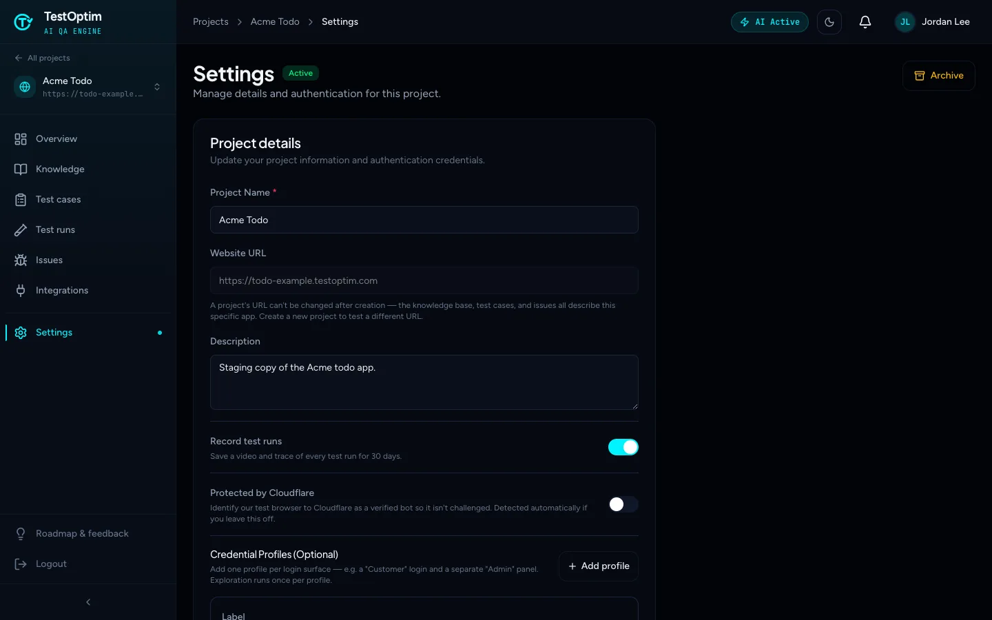 The project settings page with the project name, a disabled Website URL, description, recording and Cloudflare switches