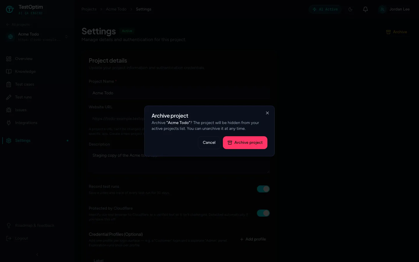 The Archive project dialog with Cancel and Archive project buttons
