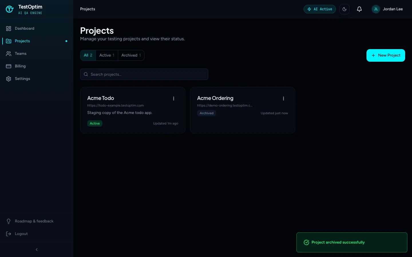 The Projects list after archiving, showing an Archived badge on the project and a Project archived message
