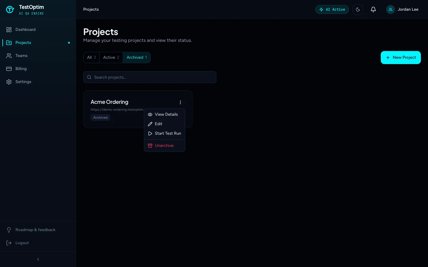 The menu on an archived project's card, with View Details, Edit, Start Test Run and Unarchive