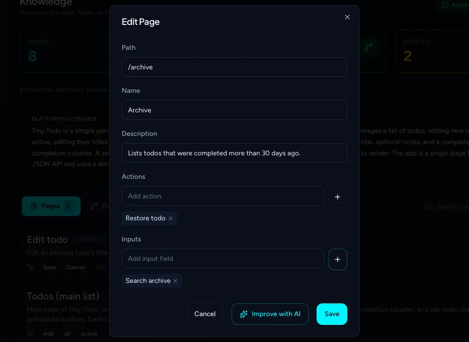 The page dialog filled in with a path, name, description, one action and one input