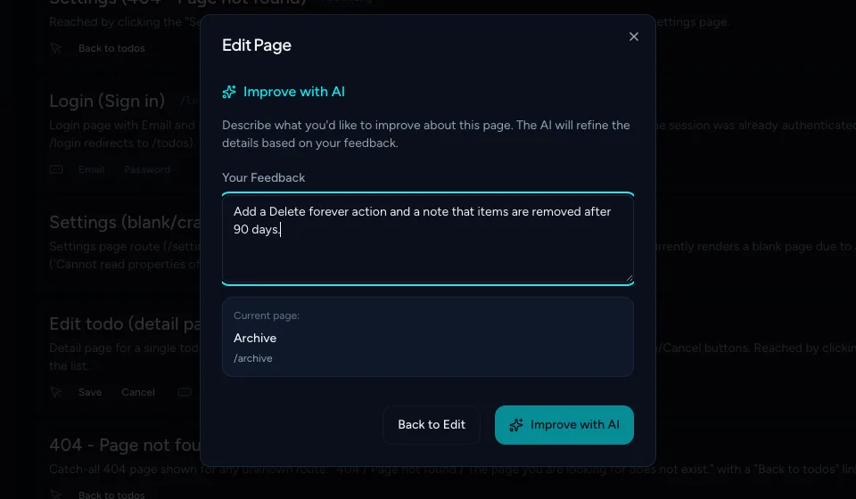 The Improve with AI box with a feedback message and the current page shown below