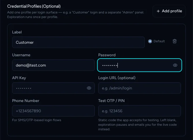 A credential profile showing the Phone Number and Test OTP / PIN fields