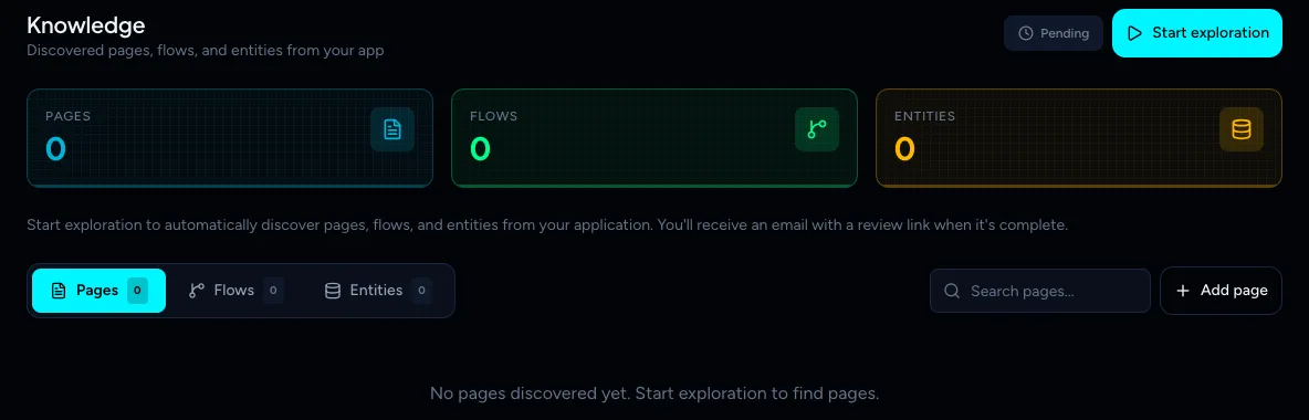 The Knowledge page with the Pending badge and a Start exploration button
