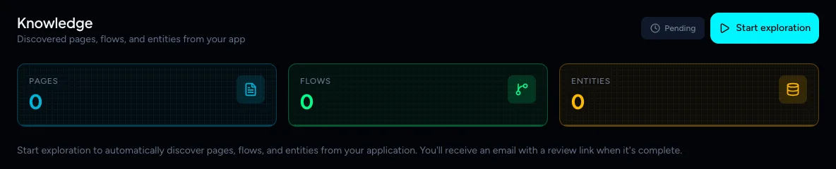 The Knowledge page of a new project with a Pending badge and the Start exploration button