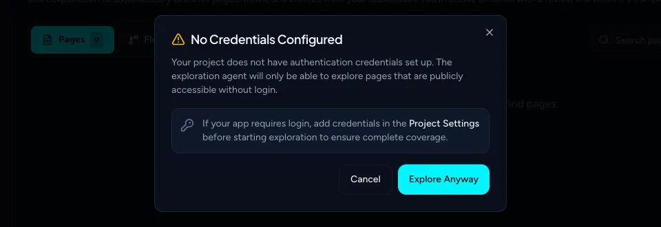 The No Credentials Configured warning with Cancel and Explore Anyway buttons