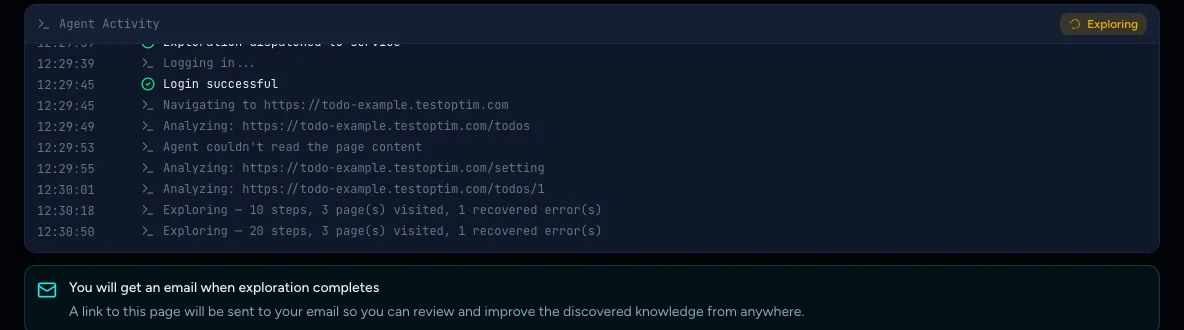 The Agent Activity log with login steps, analyzed pages and a pages counter