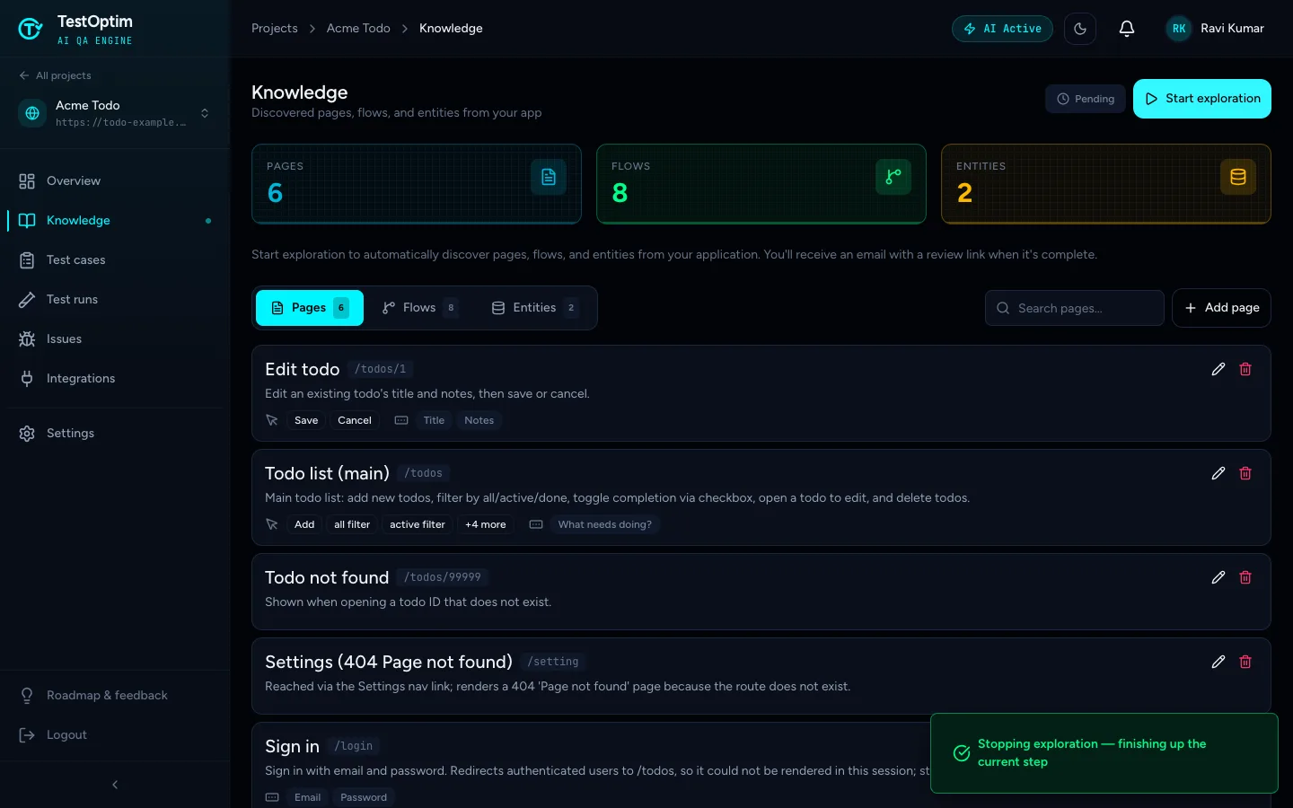 The Knowledge page after stopping: Pending badge, Start exploration button and the partial results