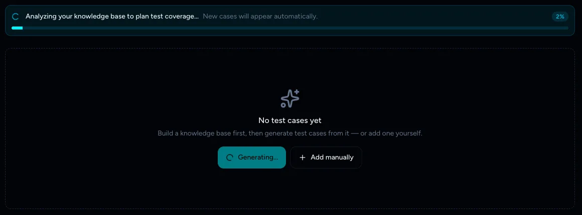 Progress bar reading Analyzing your knowledge base to plan test coverage while the Generating button is disabled