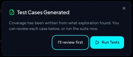 Test Cases Generated dialog with the buttons I'll review first and Run Tests
