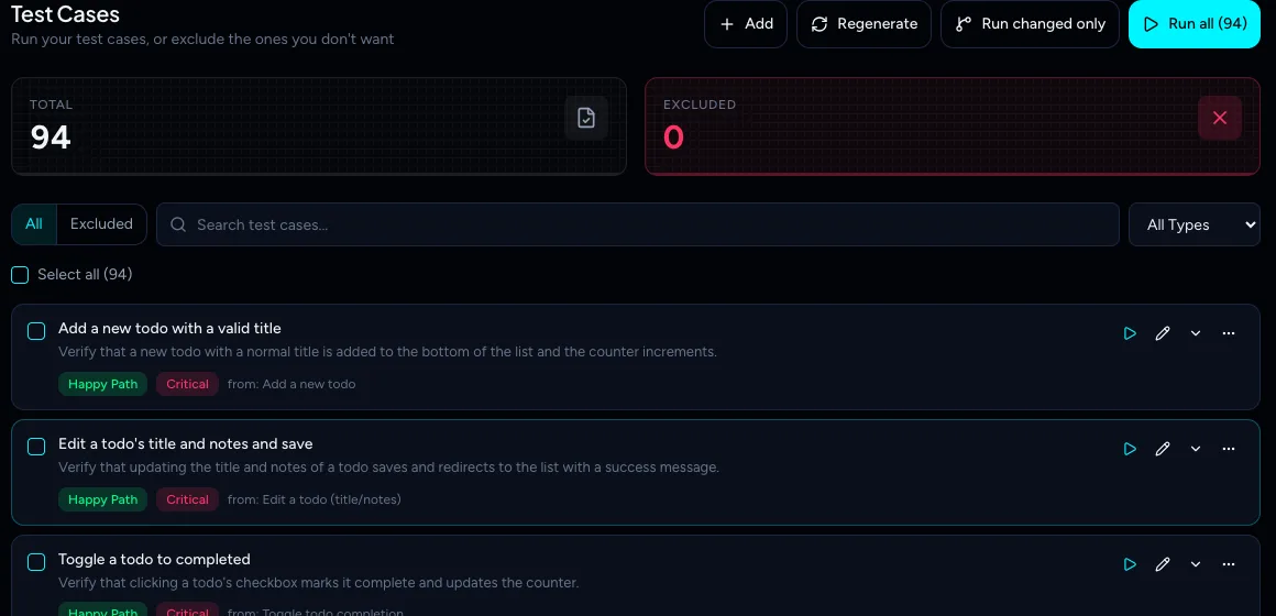 List of generated test cases showing type and priority badges and the page each case came from