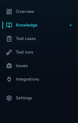 The project sidebar with Overview, Knowledge, Test cases, Test runs, Issues, Integrations and Settings