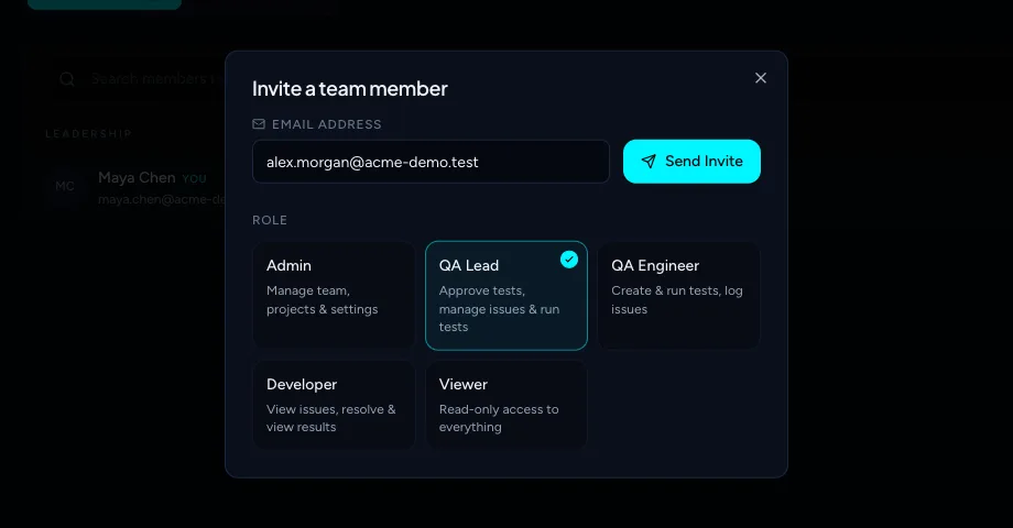 The Invite a team member dialog with an email and the QA Lead role selected