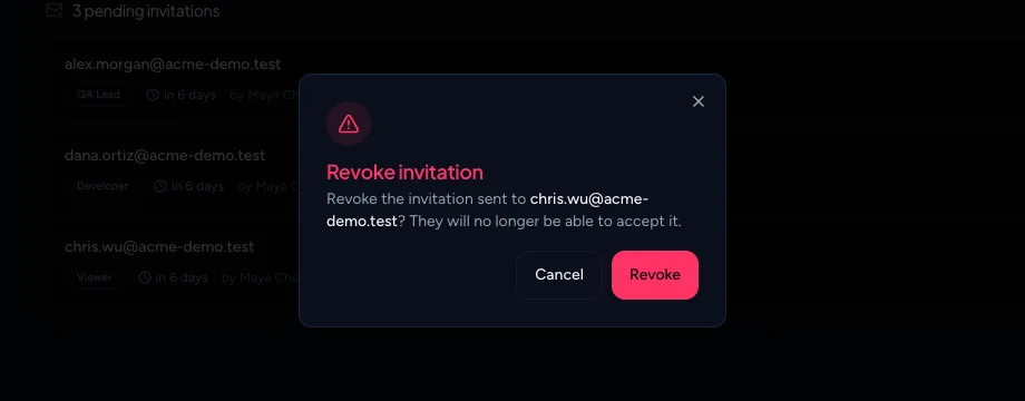 The Revoke invitation dialog asking to confirm