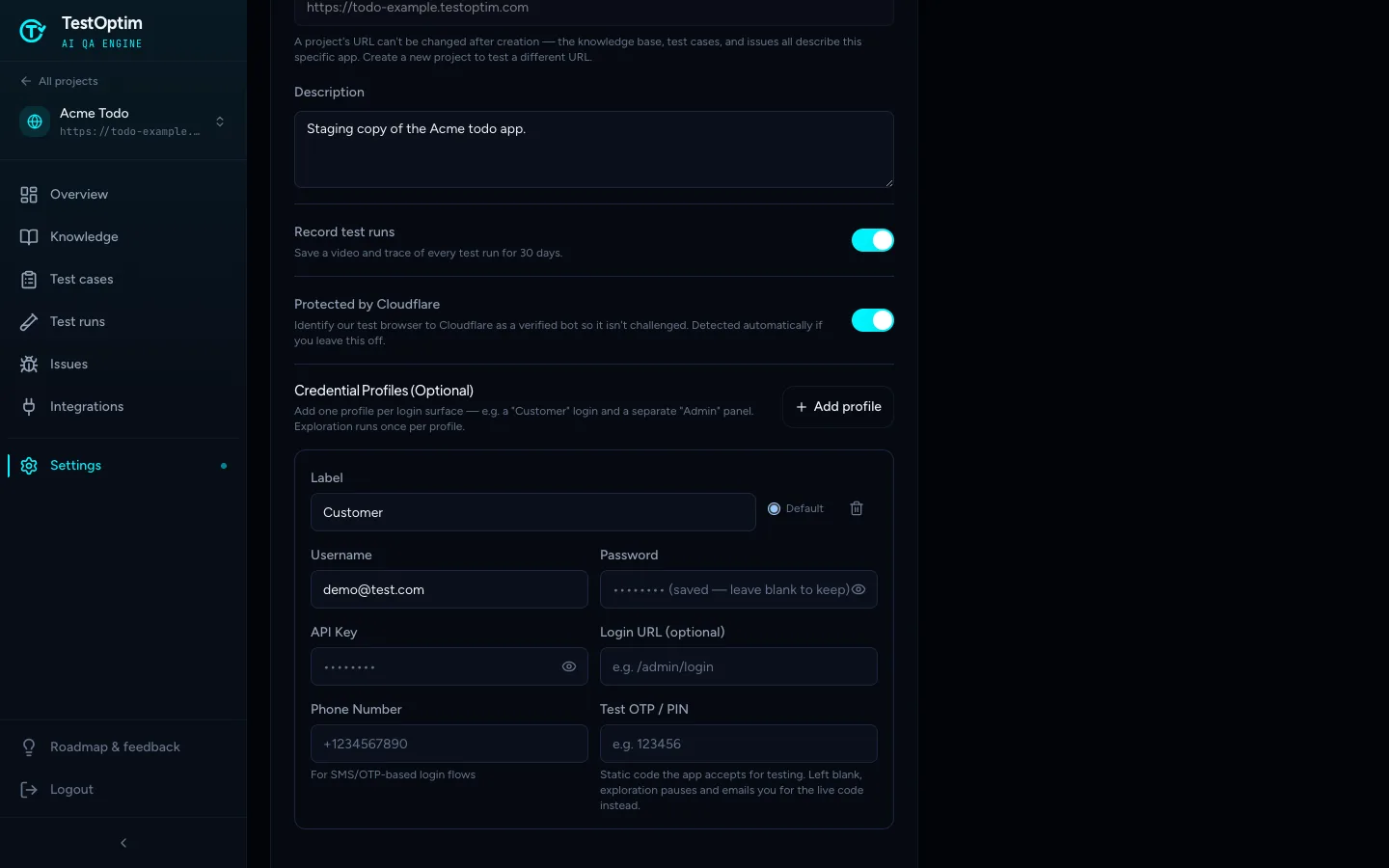 The project settings page with Record test runs and Protected by Cloudflare both switched on
