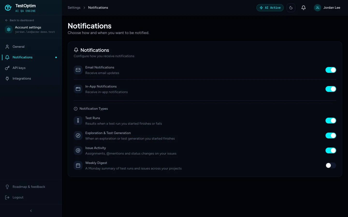 The Notifications settings page with Email Notifications, In-App Notifications, Notification Types and the Weekly Digest switch